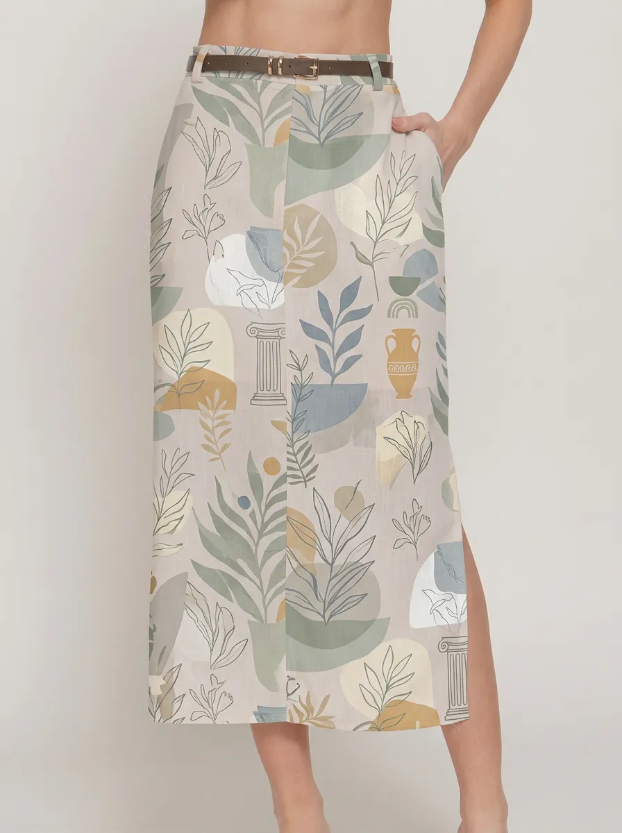 Women's Boho Aesthetic Greek Column Plant Printed Midi Skirt
