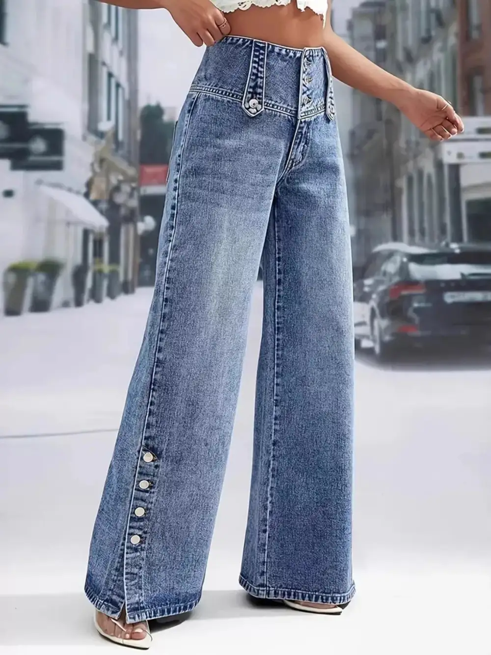 Trendy Women' High Waist Button Decor Wide Leg Jeans