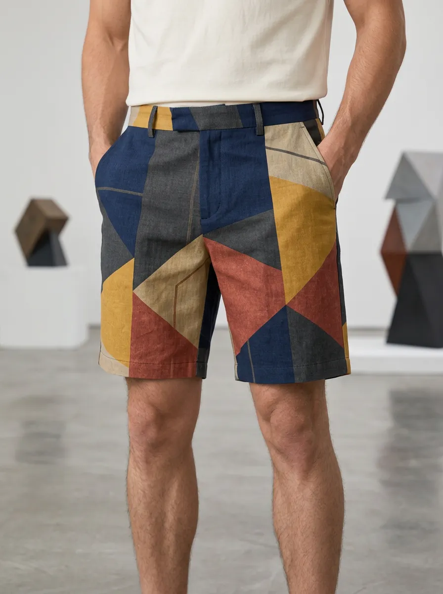 Men's Geometric Art Colorblock Tailored Shorts