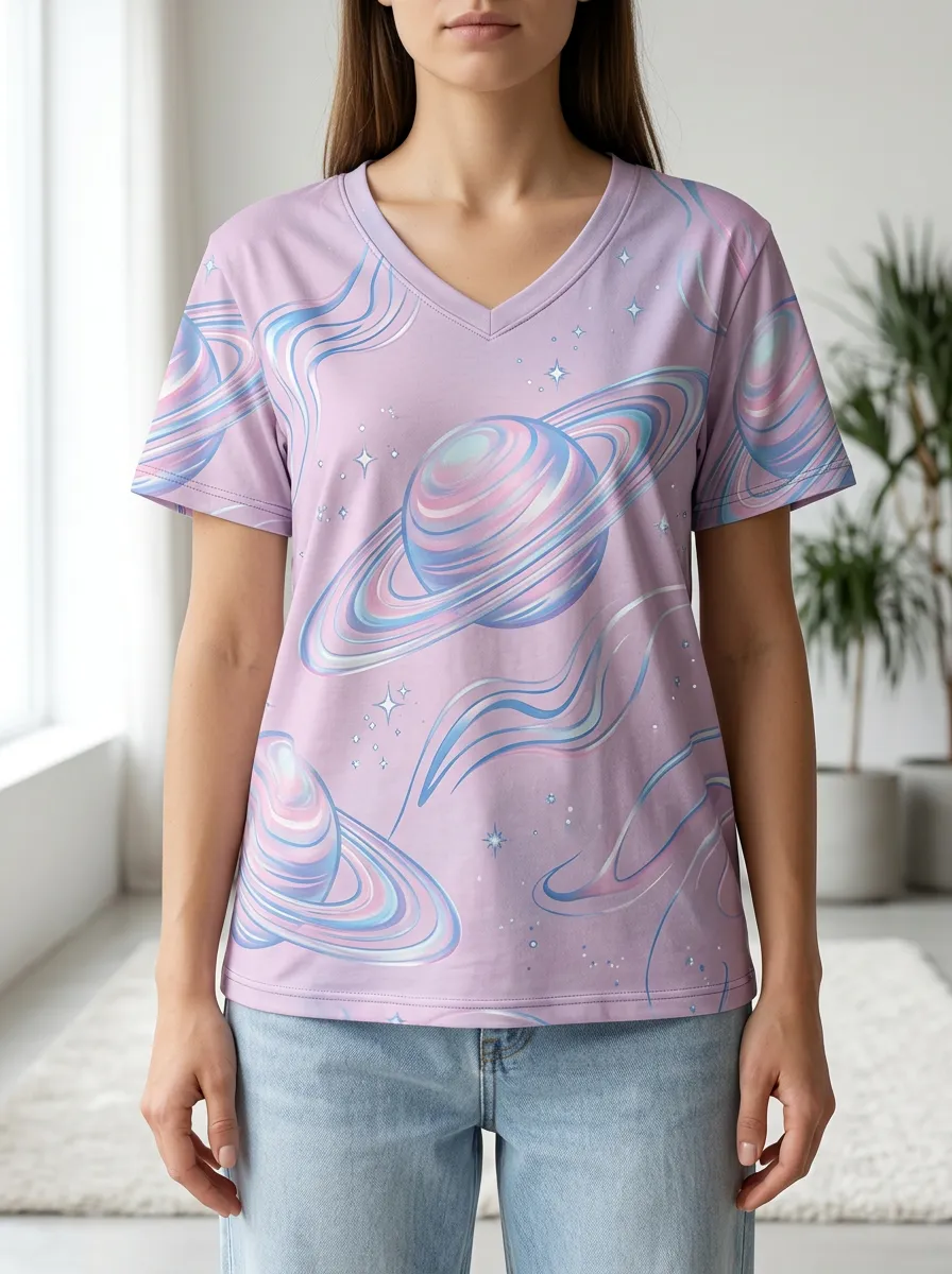 Women's Stellar Space Galaxy Planet Pattern V-Neck T-Shirt
