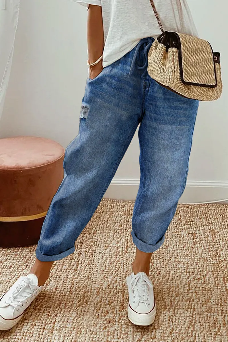 Drawstring Waist Ripped Jeans