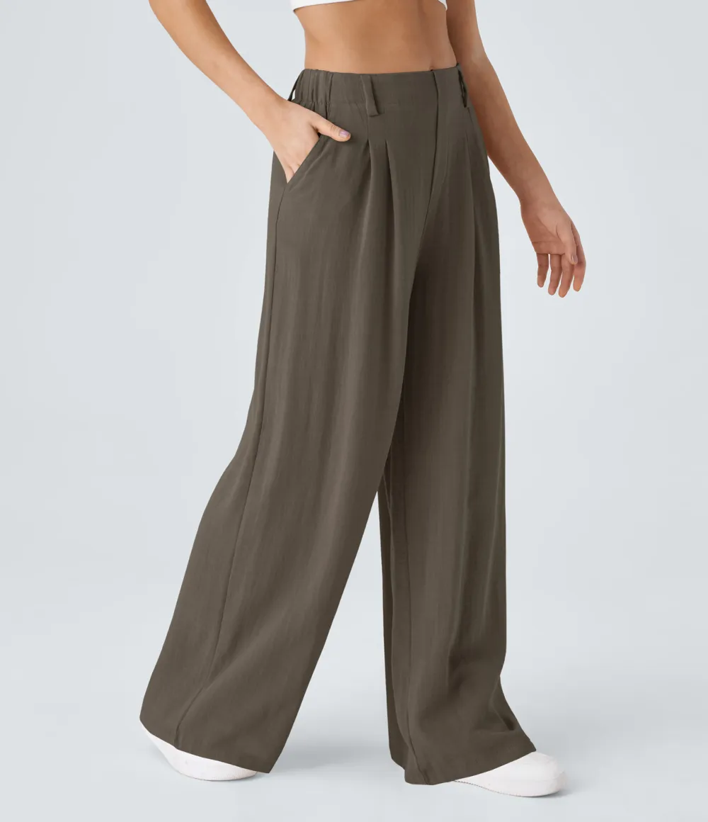 High Waisted Plicated Side Pocket Wide Leg Flowy Solid Palazzo Casual Linen-Feel Pants