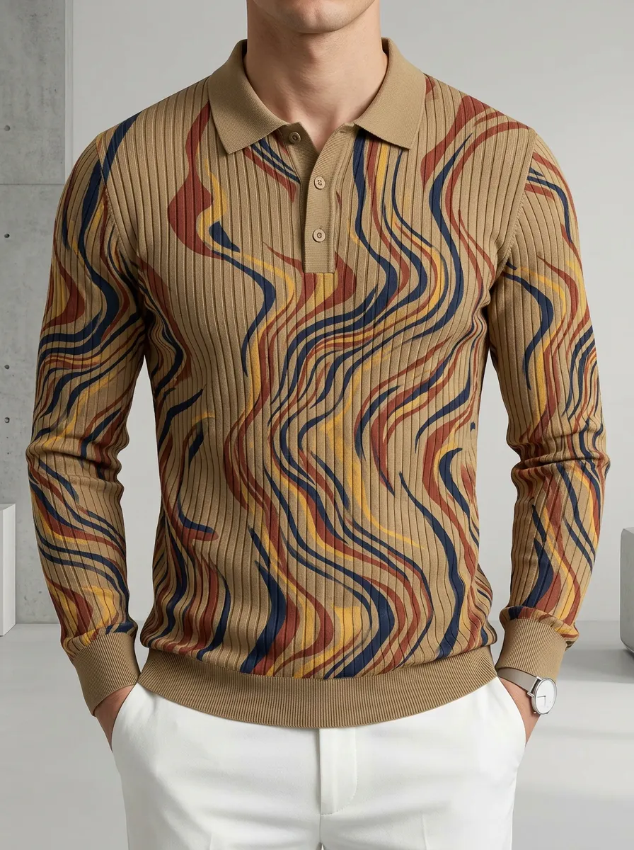 Men's Abstract Wavy Pattern Printed Long Sleeve Polo Shirt