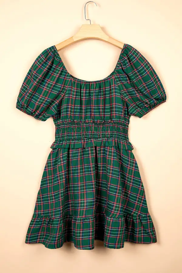 Women's Plaid Short Sleeve Shirred Mini Dress