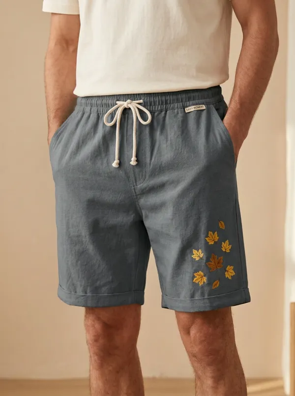 Embroidered Leaf Detail Drawstring Textured Shorts