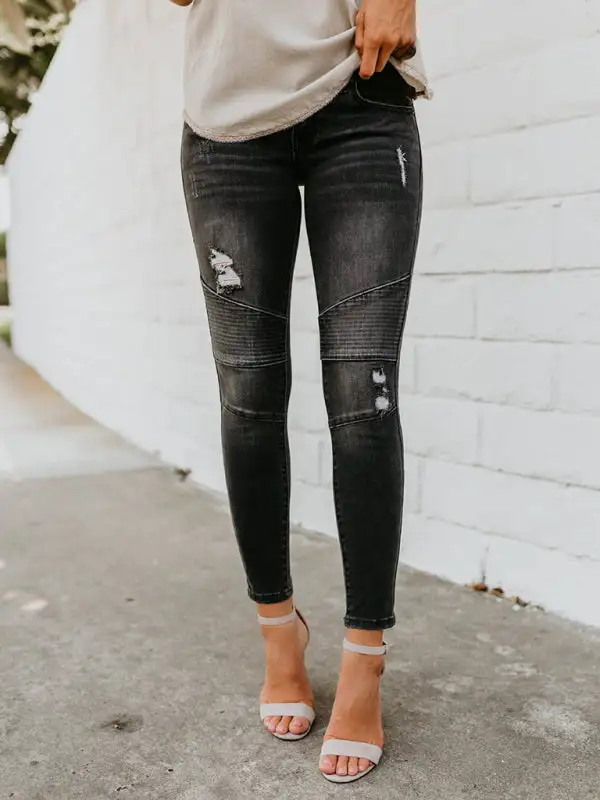 Fitted Pleated Destroyed Stretch Penny Denim Jeans