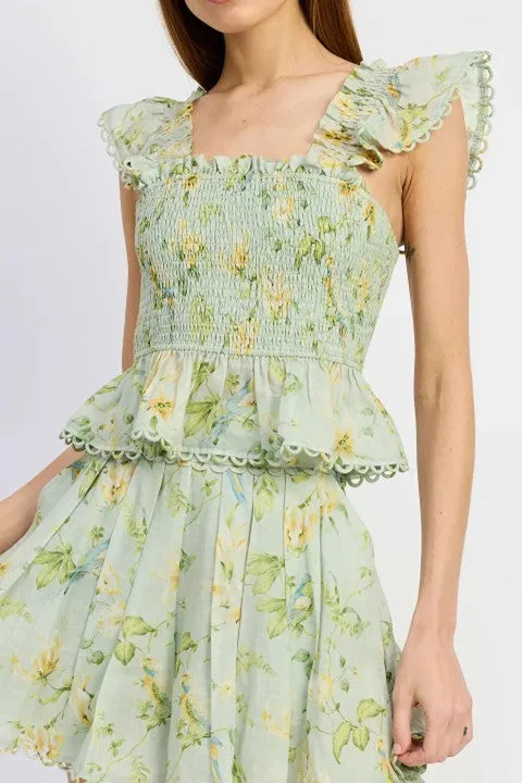 Green Floral Smocked Peplum Blouse