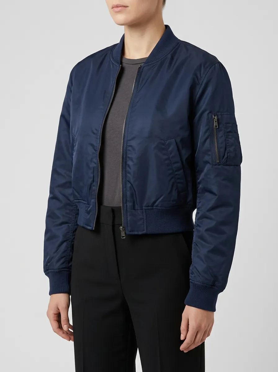 Women's Navy Blue Solid Color Zip-Up Bomber Jacket