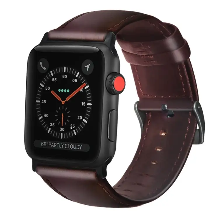 Oil Wax Genuine Leather Strap Watch Band for Watch Ultra 49 mm & Ultra 2 49 mm / Series 9 & 8 & 7 45 mm / SE 3 & SE 2 & 6 & SE & 5 & 4 44 mm / 3 & 2 & 1 42 mm - Red Brown