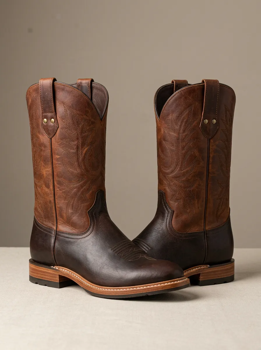 Men's Western Cowboy Two-Tone Leather Embroidered Western Cowboy Boots