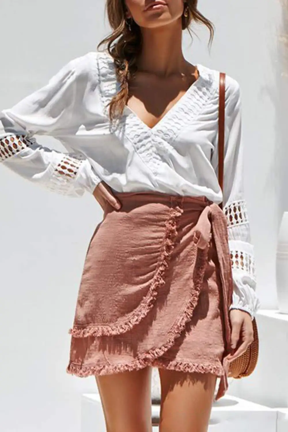 Deep V Neck Crochet Hollow Out Blouse