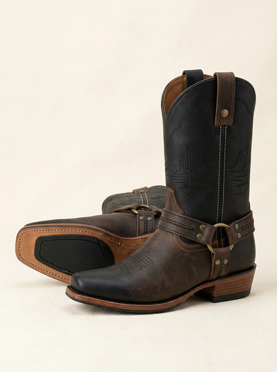 Men's Western Cowboy Cactus Embroidered Harness Printed Boots