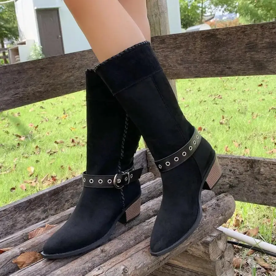 Simple Point Toe Block Heels Boots