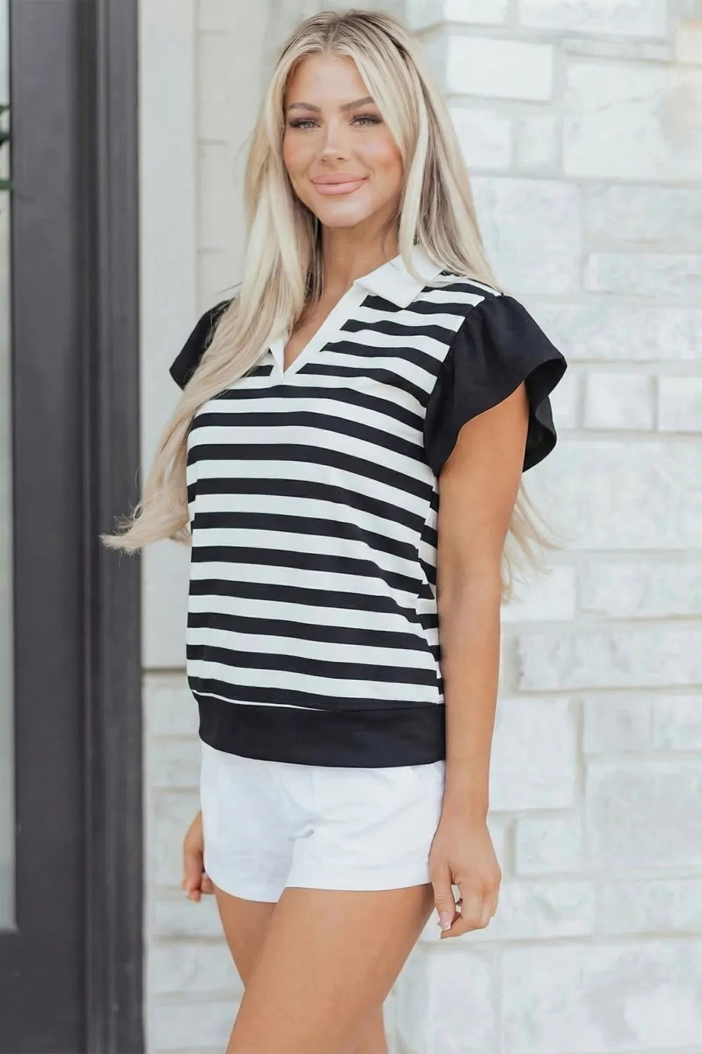 Black Stripe Collar V Neck Blouse