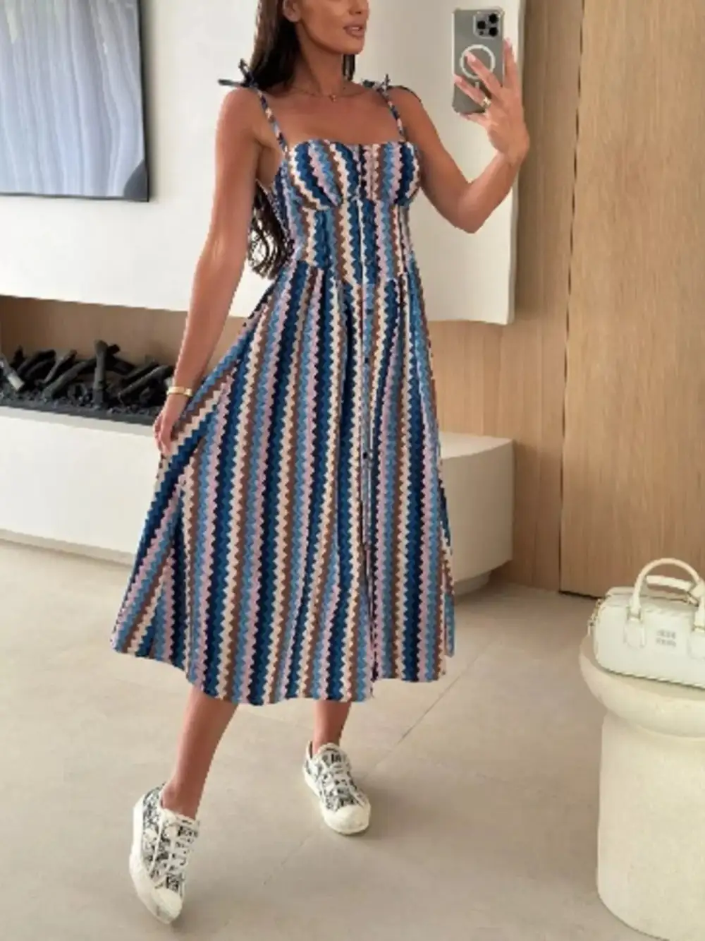 Printed Tie-strap Midi Dress