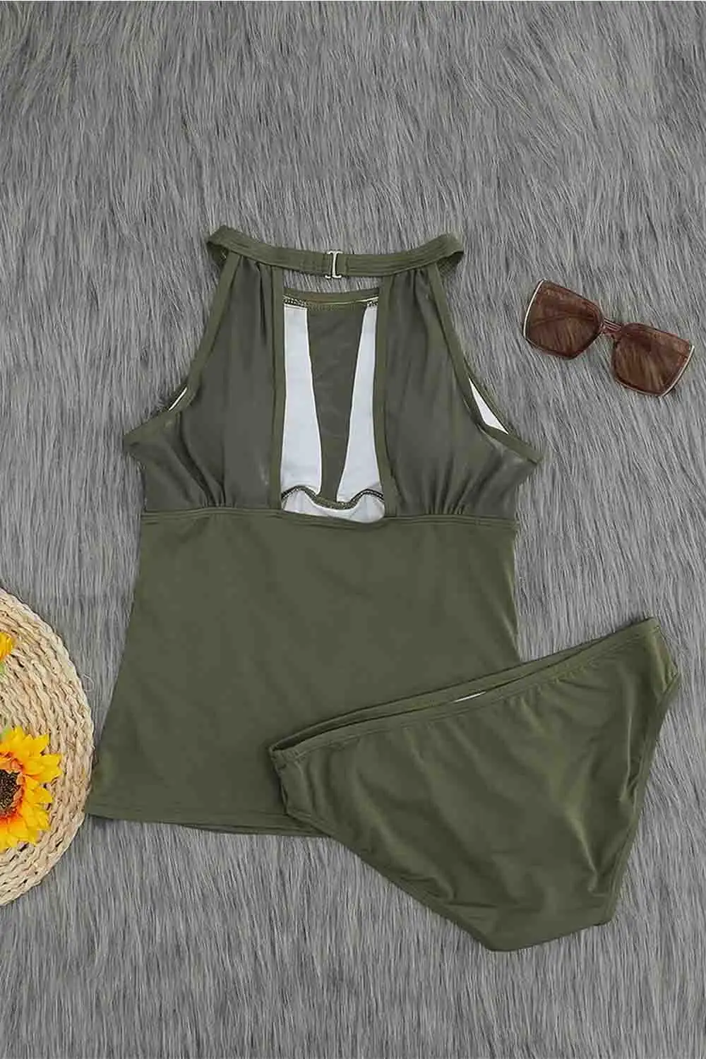 High Neck Plunge Mesh Ruched Tankini Swimwear
