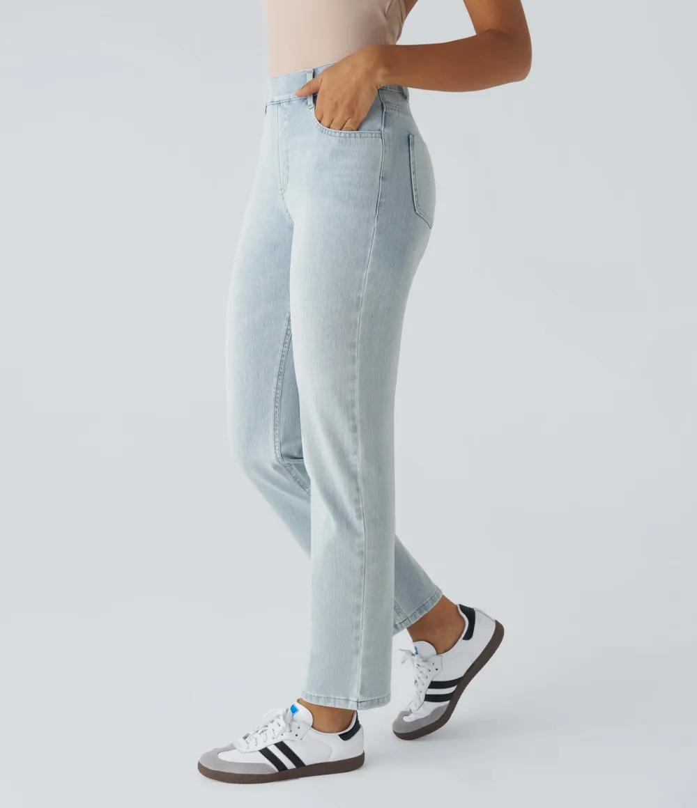 Magic High Waisted Multiple Pockets Straight Leg Washed Stretchy Knit Casual Jeans