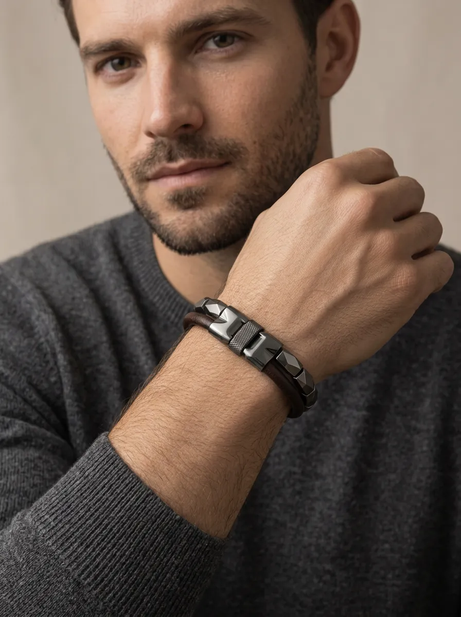 Men's Geometric Metal Leather Layered Bracelet