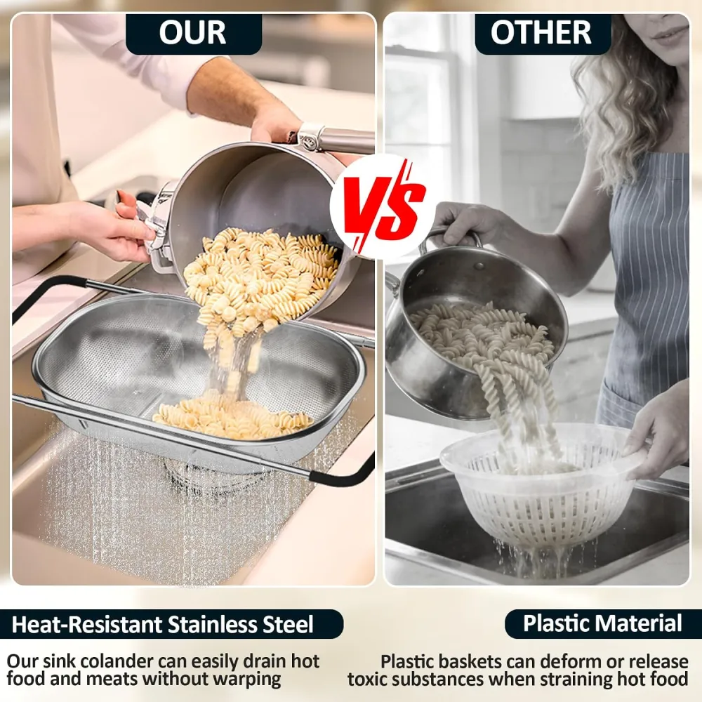 Expandable Fine‑Mesh Sink Strainer Basket with Rubber Handles, Sink Filter Basket for Vegetables, Fruits, Pasta, Must‑Have for Home Kitchen
