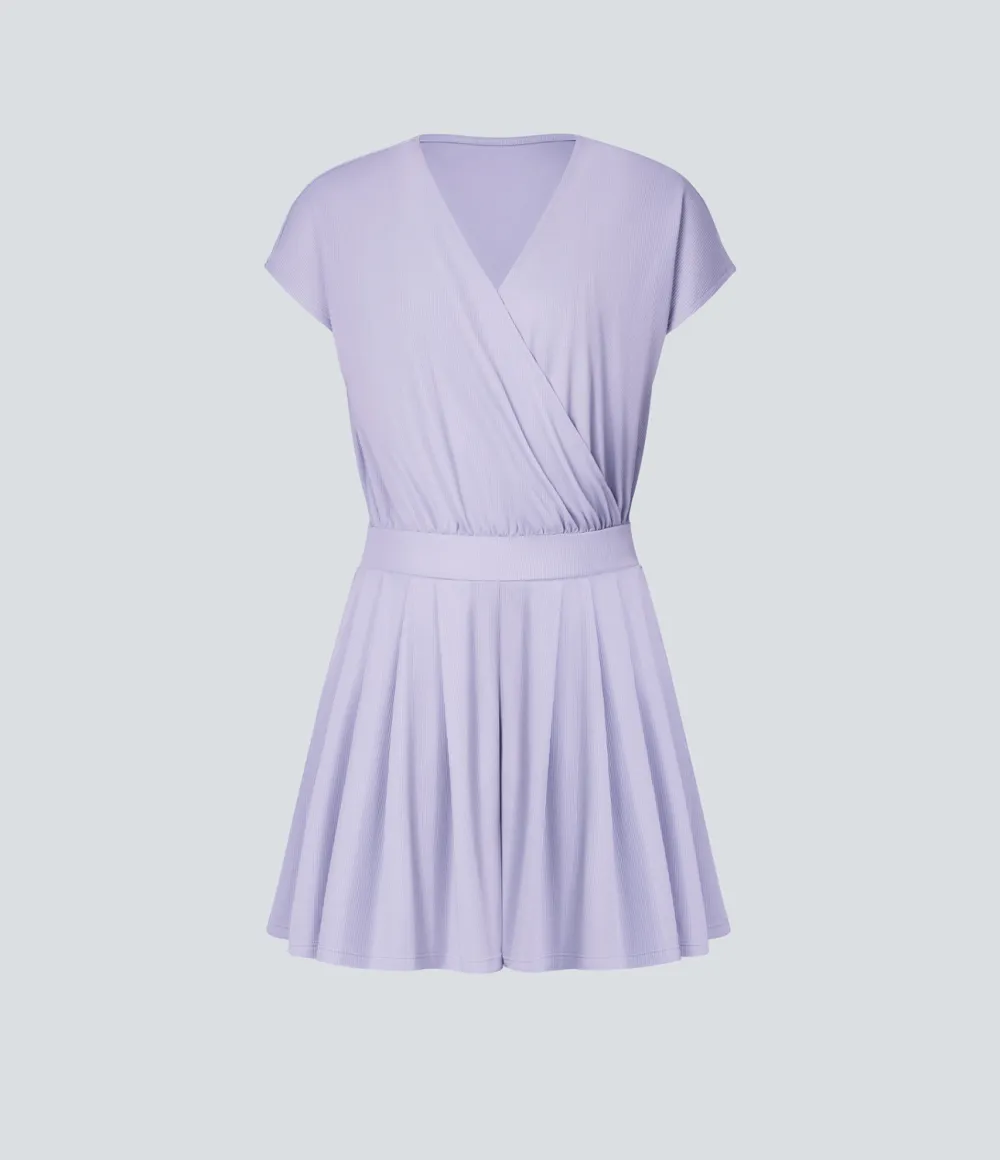 V Neck Short Sleeve Pocket Waffle Casual Romper
