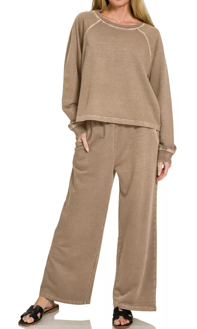 Textured Washed F Terry Round Neck Pullover & Pants Set