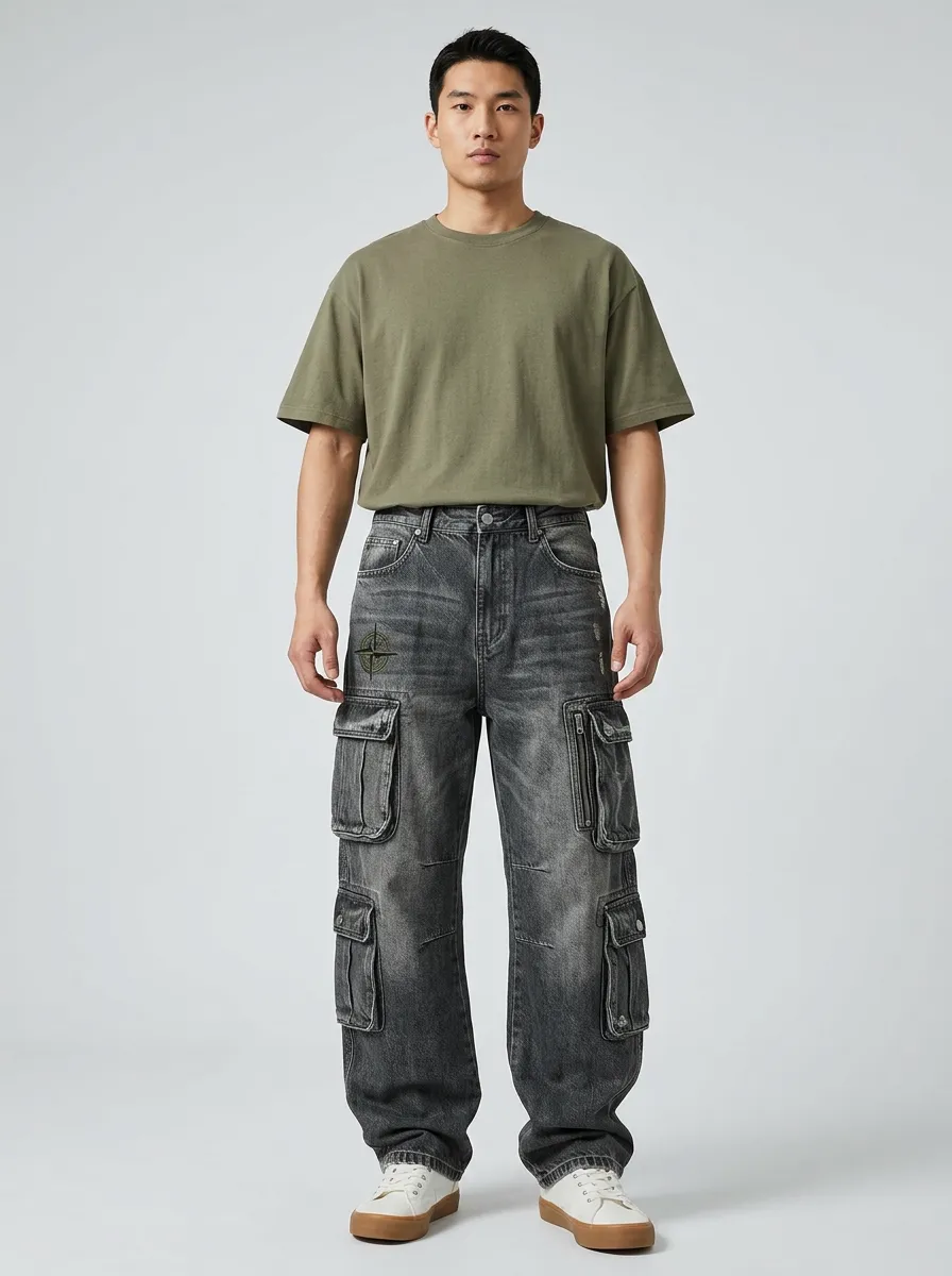 Men's Streetwear Compass Patch Washed Black Printed Cargo Jeans