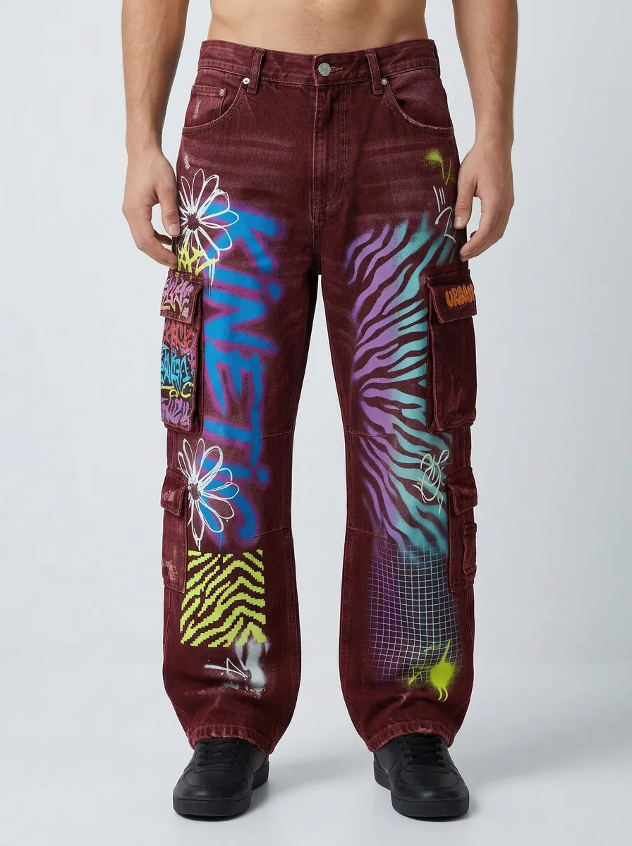 Men's Graffiti Zebra Floral Graphic Cargo Jeans