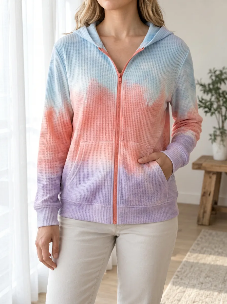 Women's Pastel Tie-Dye Signature Arrangement Waffle Zip-Up Hoodie