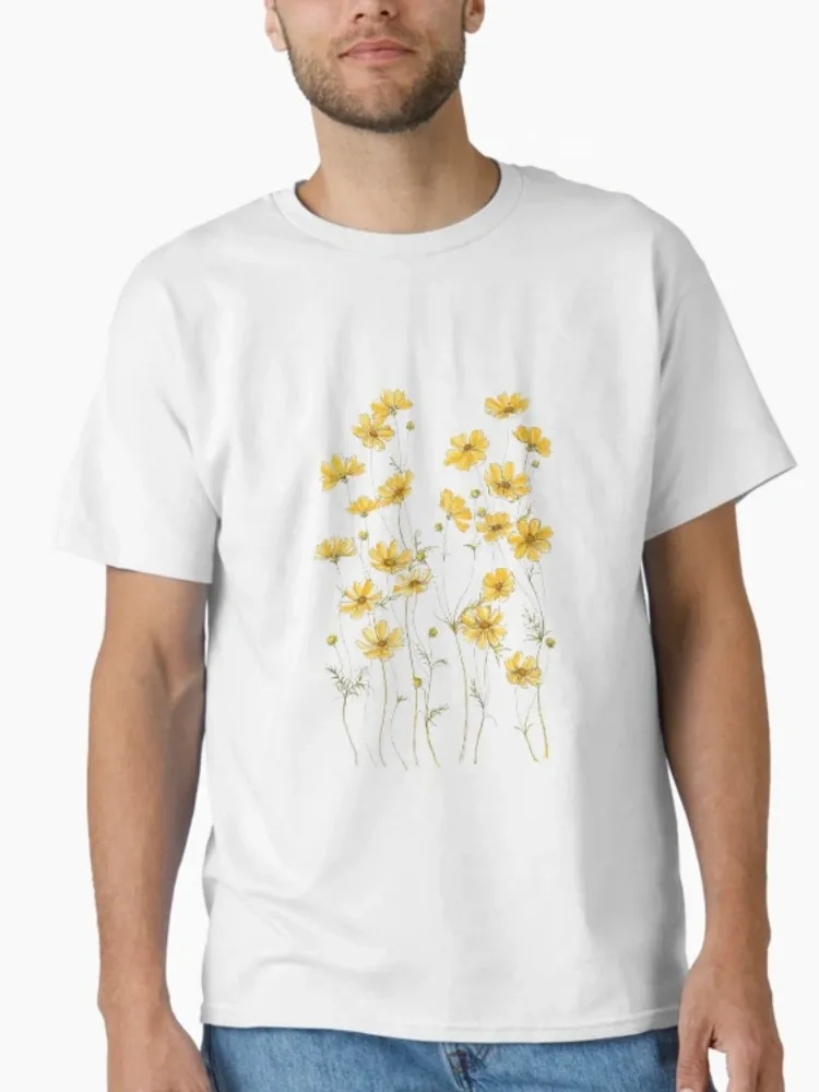 Lady's yellow floral pattern printed round-neck short-sleeved T-shirt