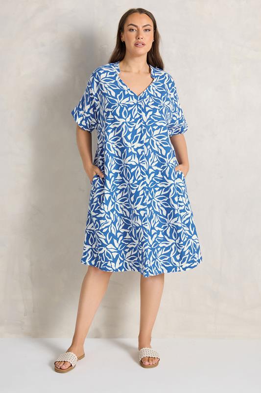 Blue Premium Linen Leaf Print Shift Dress detail 1