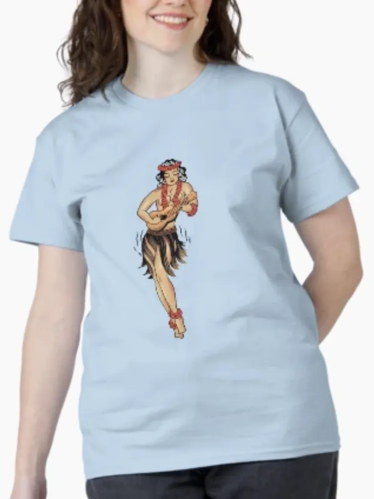 Women's Stylish Retro Hula Girl Print Crew Neck Short-Sleeve T-Shirt