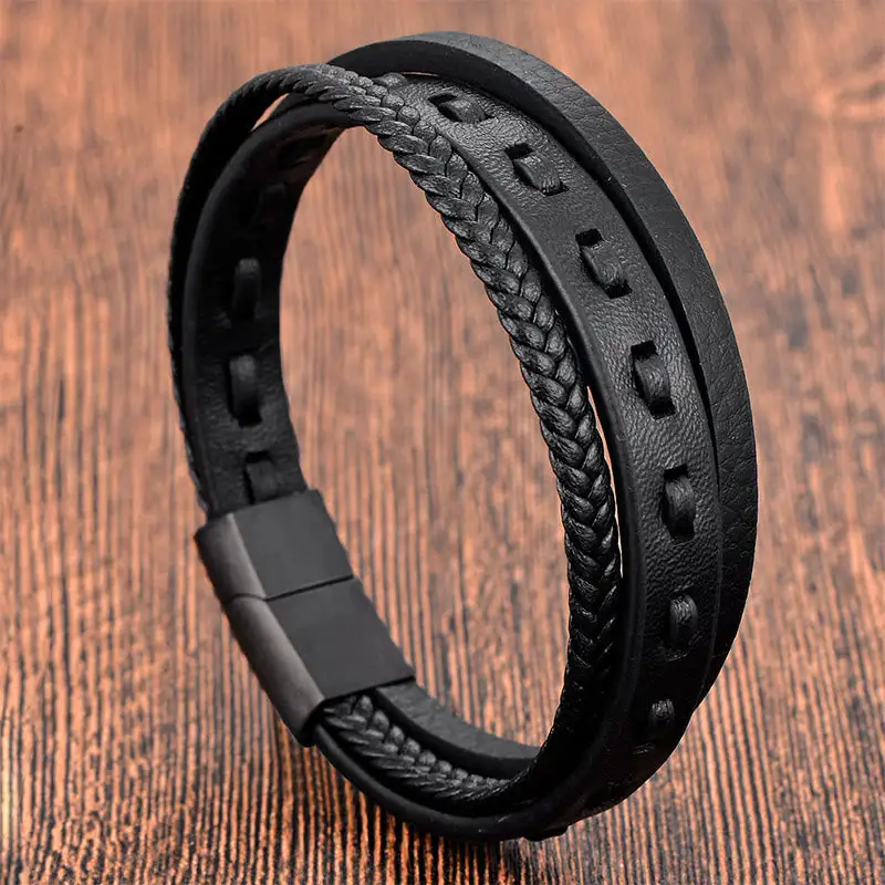Titanium Steel Buckle Multilayered Braided Leather Bracelet