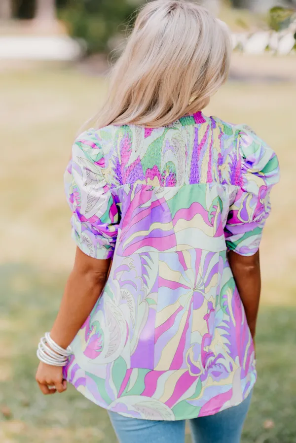 Green Abstract Print Bubble Sleeve Blouse