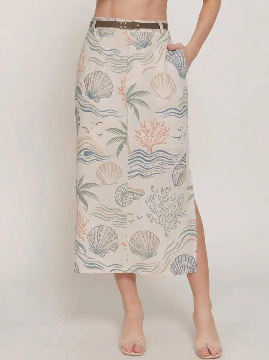 Women's Beach Vacation Seashell Palm Tree Printed Midi Skirt