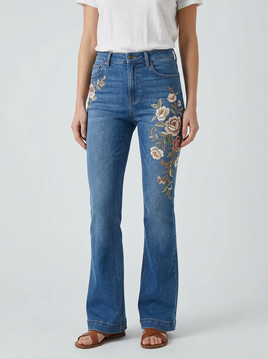 Women's Vintage Medium Wash Floral Embroidery High-Rise Flare Jeans
