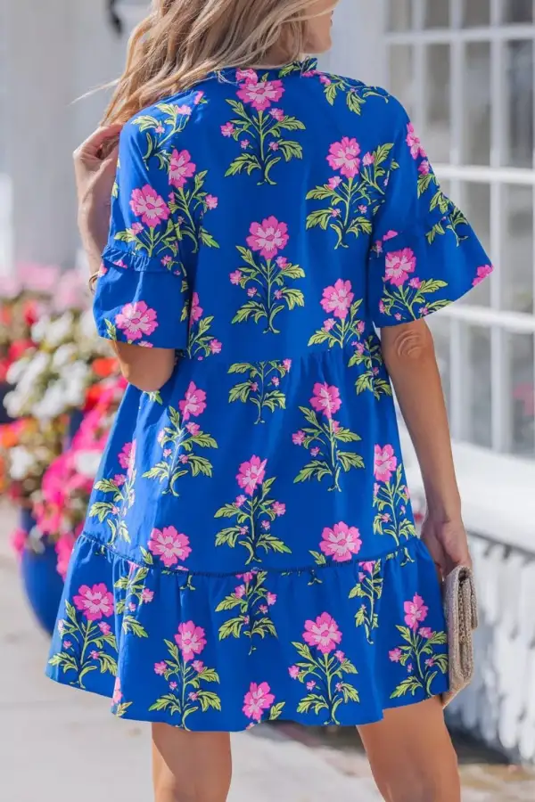 Floral V Neck Short Sleeve Dress Casual