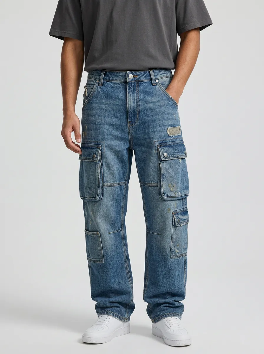 Men's Mid-Blue Distressed Cargo Pants