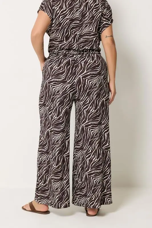 Brown Zebra Crinkle Wide Leg Trousers