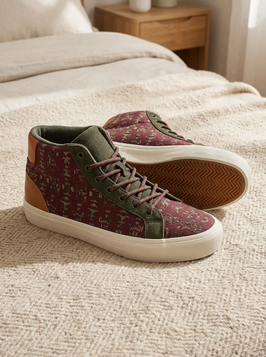 Women's Geometric Pattern Burgundy Olive Suede Printed High-Top Sneakers