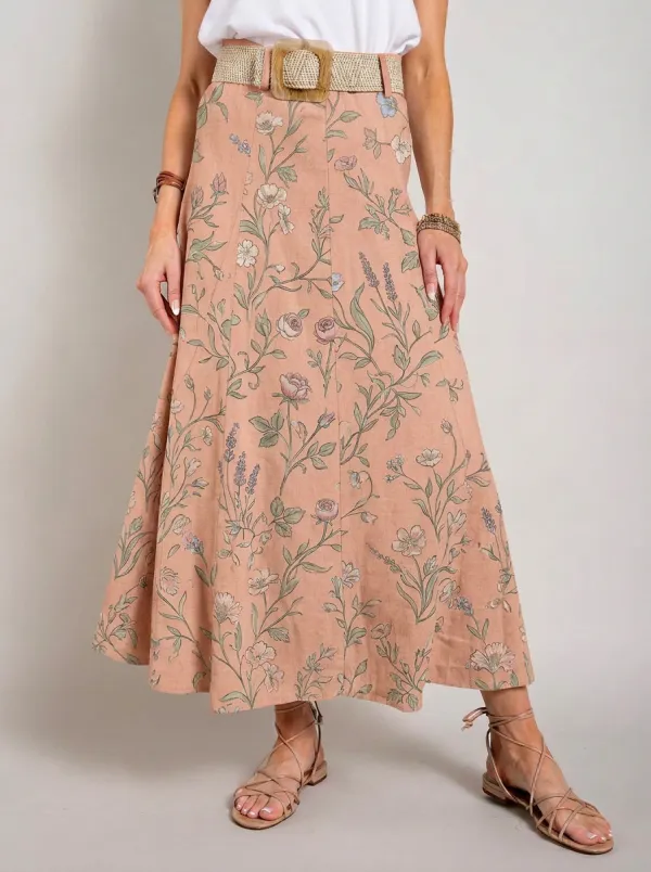 Women's Vintage Floral Botanical Printed A-line Maxi Skirt
