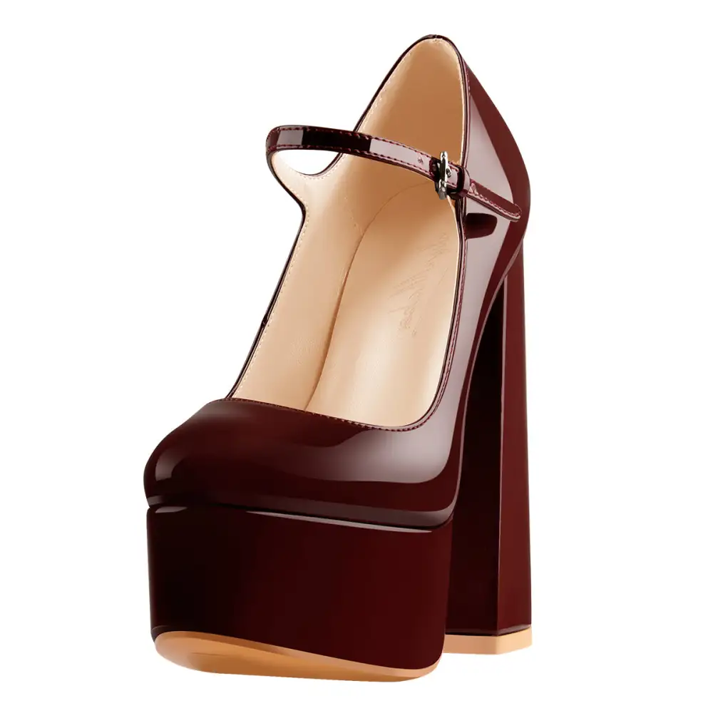 Sleek Patent Finish Round Toe Platform Chunky Heel Pumps