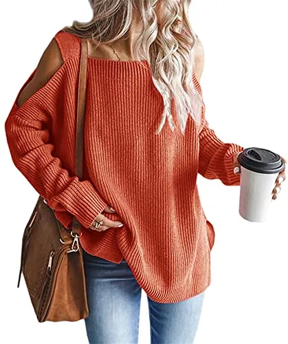 Women's Cold Shoulder Oversized Sweaters Batwing Long Sleeve Square Neck Chunky Knit Fall Tunic Sweater Tops