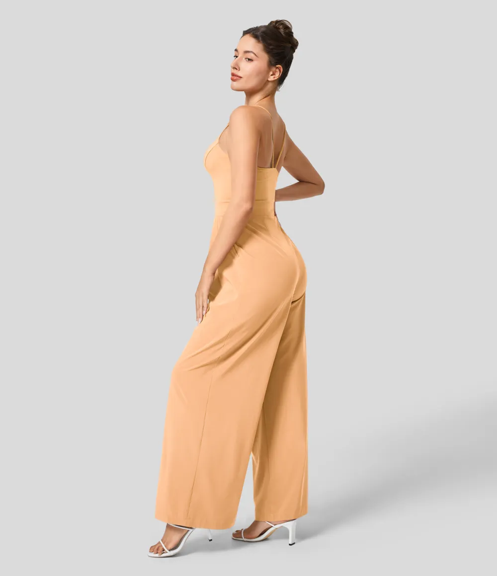 Breezeful Backless Side Invisible Zipper Pocket Wide Leg Quick Dry Resort Slip Jumpsuit