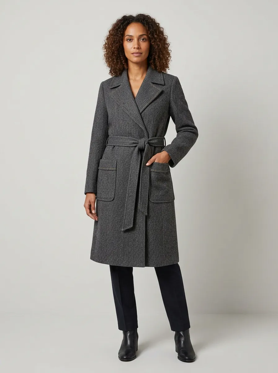 Women's Classic Herringbone Pattern Belted Wool Blend Coat