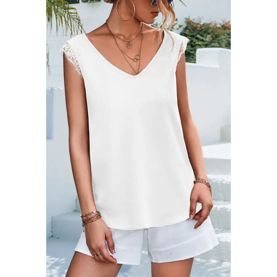 Lace Detail Eyelash Trim V Neck Tank