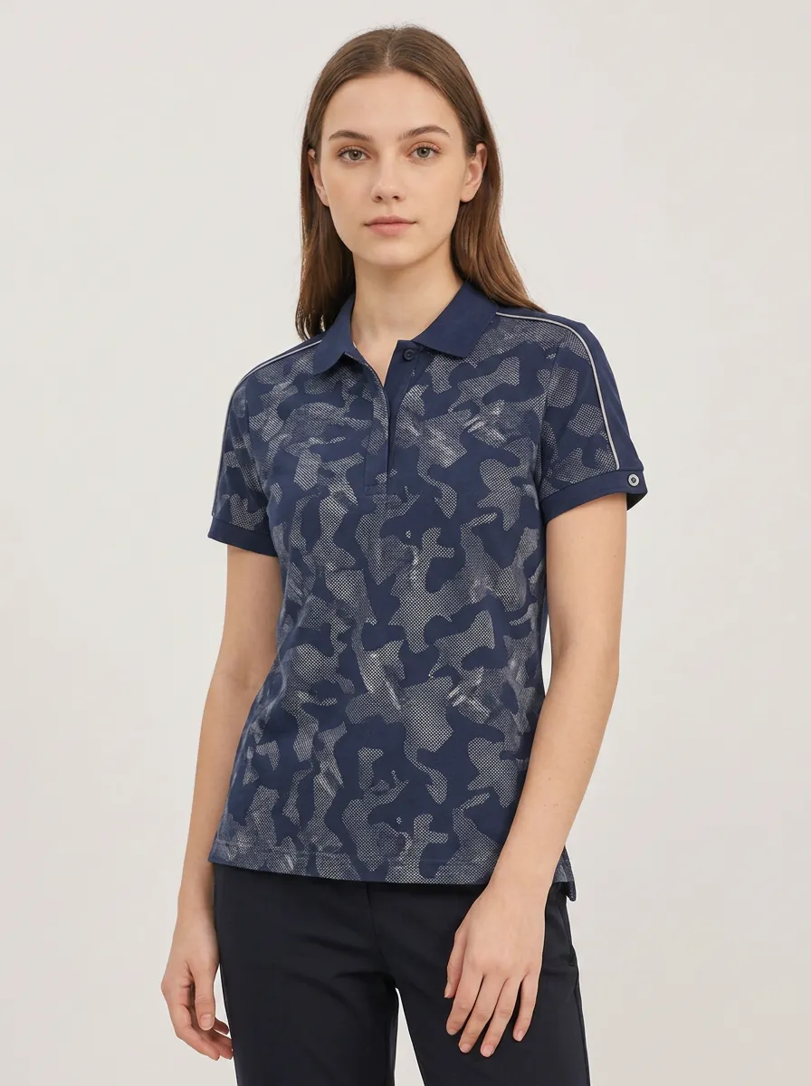 Women's Casual Style Navy Camouflage Printed Polo Shirt