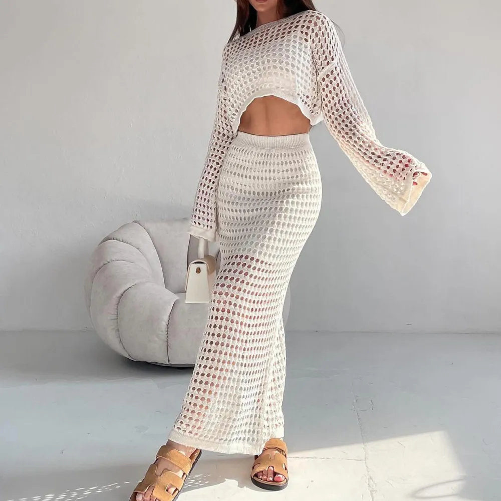 Structured Knit Lace Blouse And Long Skirt Set