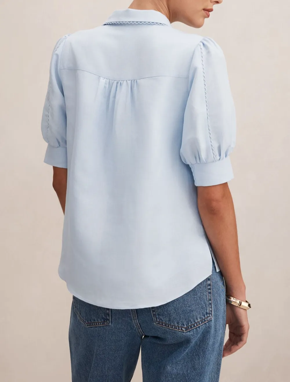 Light Blue Short Sleeve Button-Up Blouse
