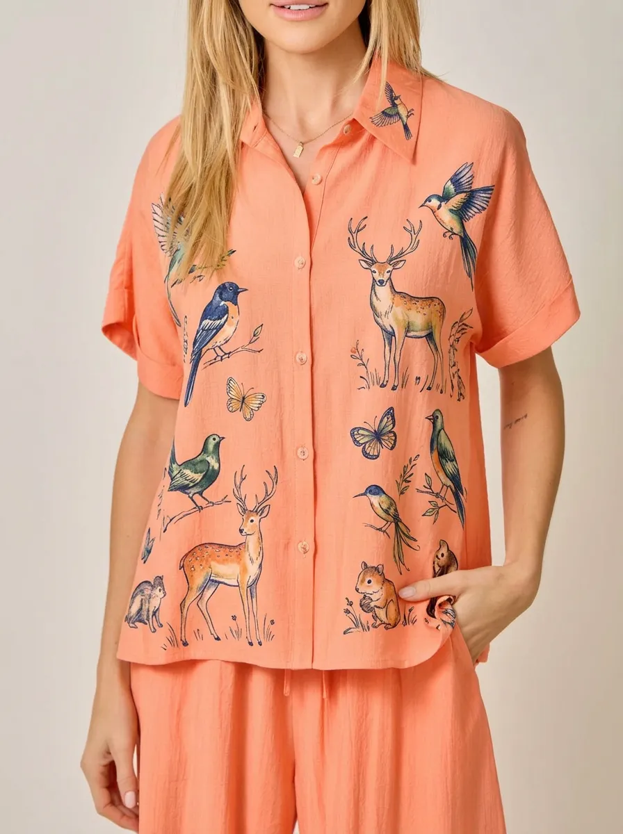 Women's Nature Deer Bird Butterfly Graphic Button-Up Shirt