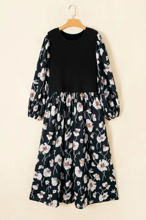 Women's Floral Print Round Neck Long Sleeve Shift Midi Dress